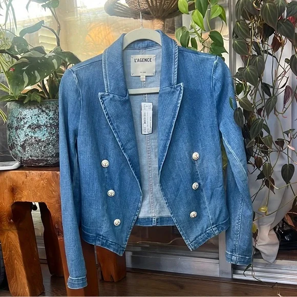 L'AGENCE Light Blue Double-Breasted Denim Jacket - Picture 1 of 6
